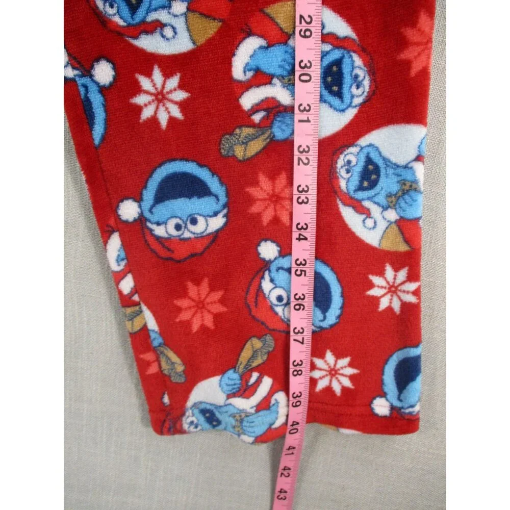 Sesame Street Red Fleece Pajama Pants With Cookie Monster & Snowflakes Small‎